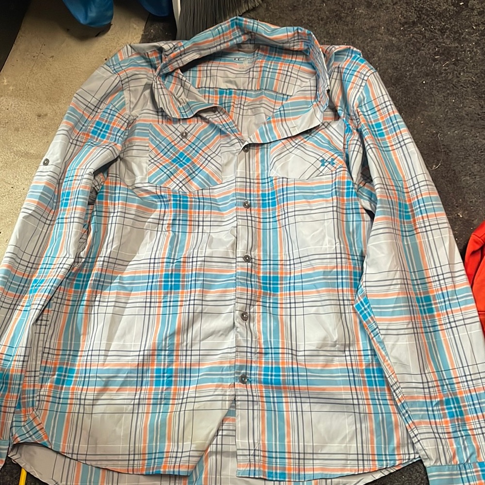 Under Armour plaid blue, orange, and grey button up Size:2XL